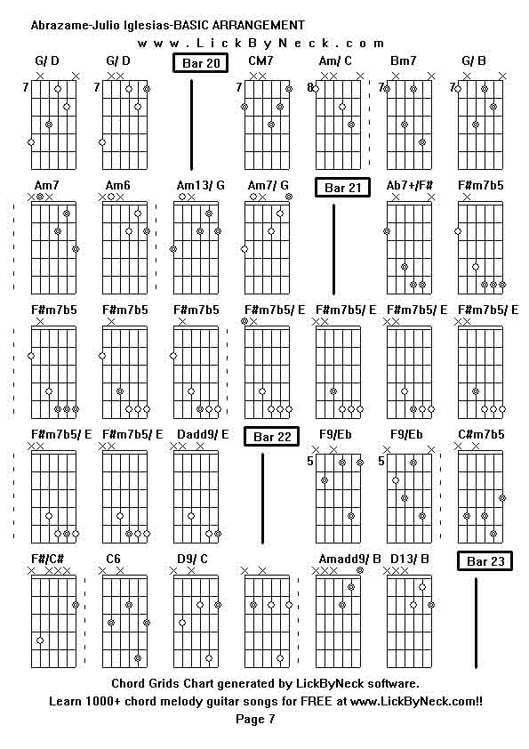 Chord Grids Chart of chord melody fingerstyle guitar song-Abrazame-Julio Iglesias-BASIC ARRANGEMENT,generated by LickByNeck software.